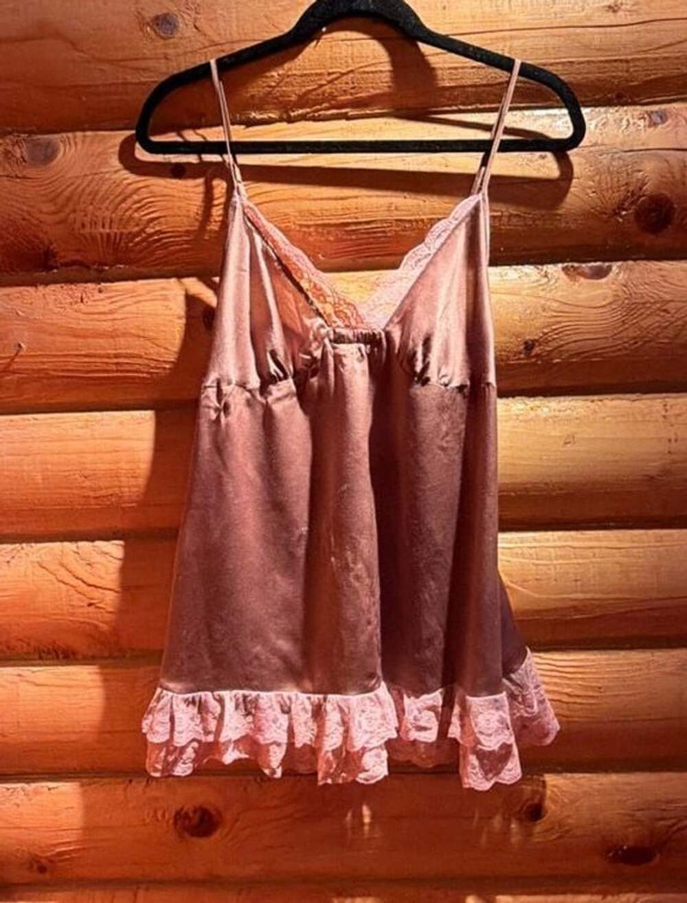 Victoria's Secret Silk Brown and Pink Lace Trim Ruffle Cami Top Size M